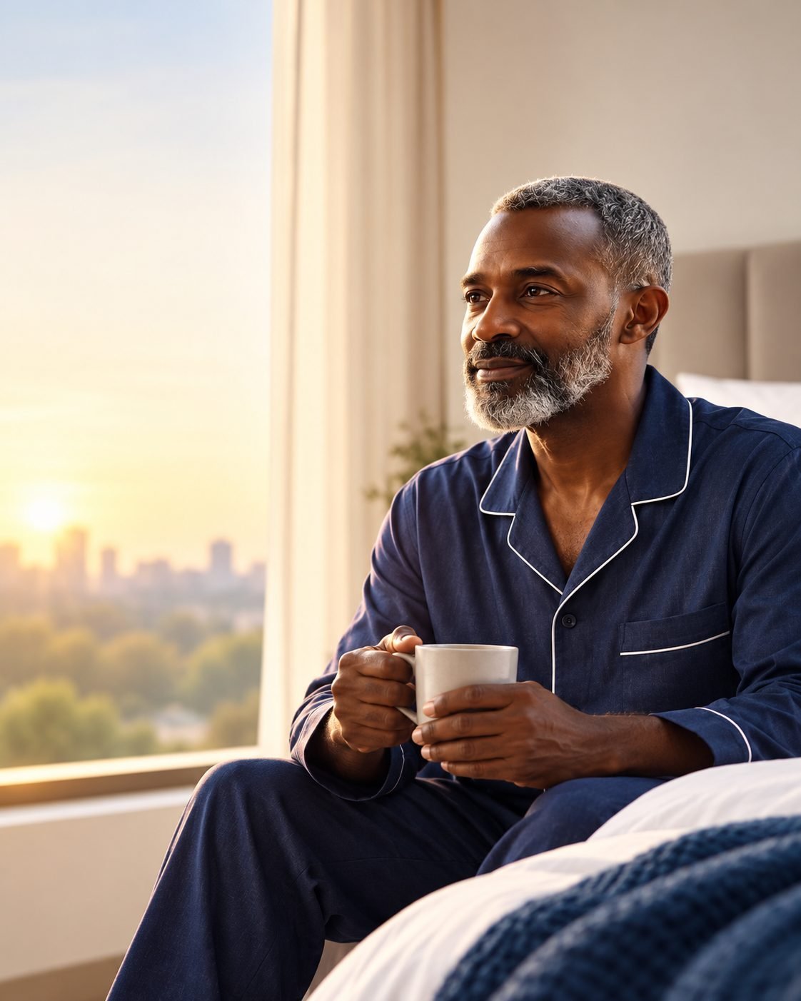 A man in navy pyjamas sits on his bed at sunrise, holding a mug and looking out of the window, calm and rested