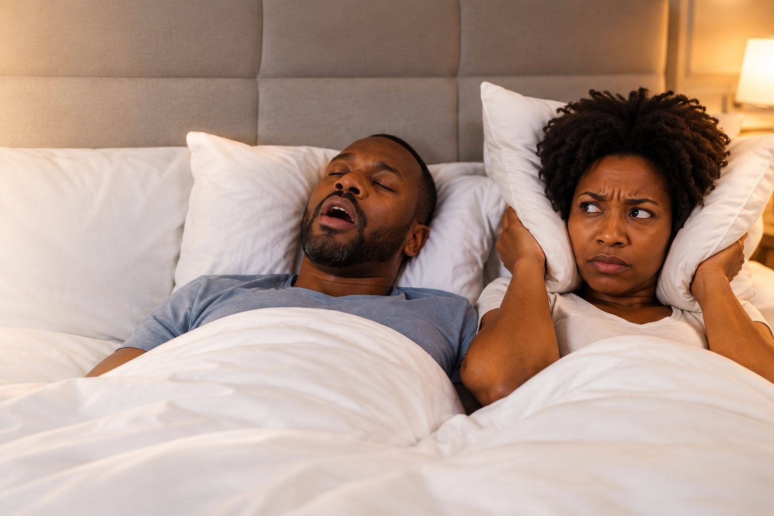 A man sleeps on his back with his mouth open, snoring, while his wife lies beside him with a pillow pressed over her ears, looking annoyed