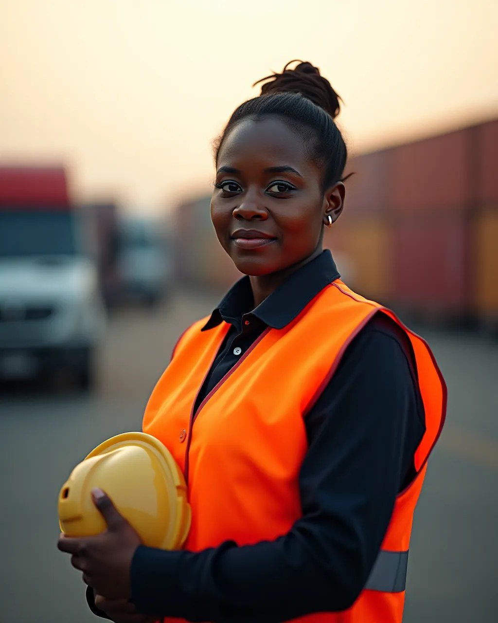A woman in a high-visibility vest holds her hard hat in an industrial yard at dusk, calm and alert