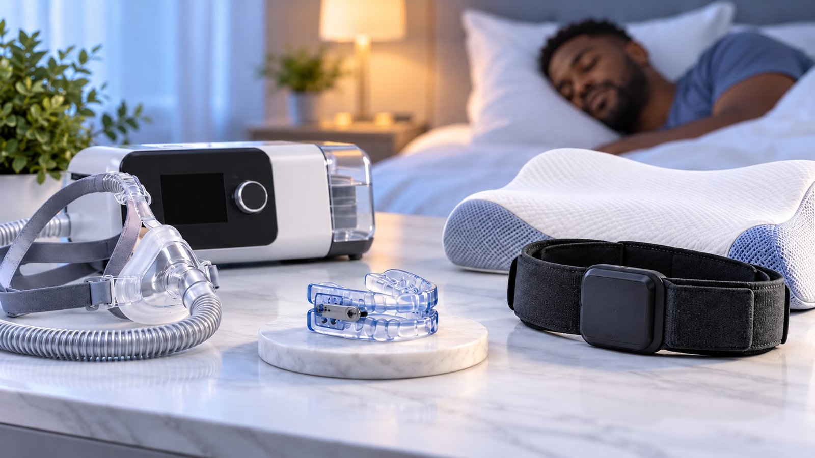 On a marble bedside table: a CPAP machine with its mask and hose, a clear oral appliance, a positional sleep belt and a contoured pillow, with a man sleeping peacefully in bed behind